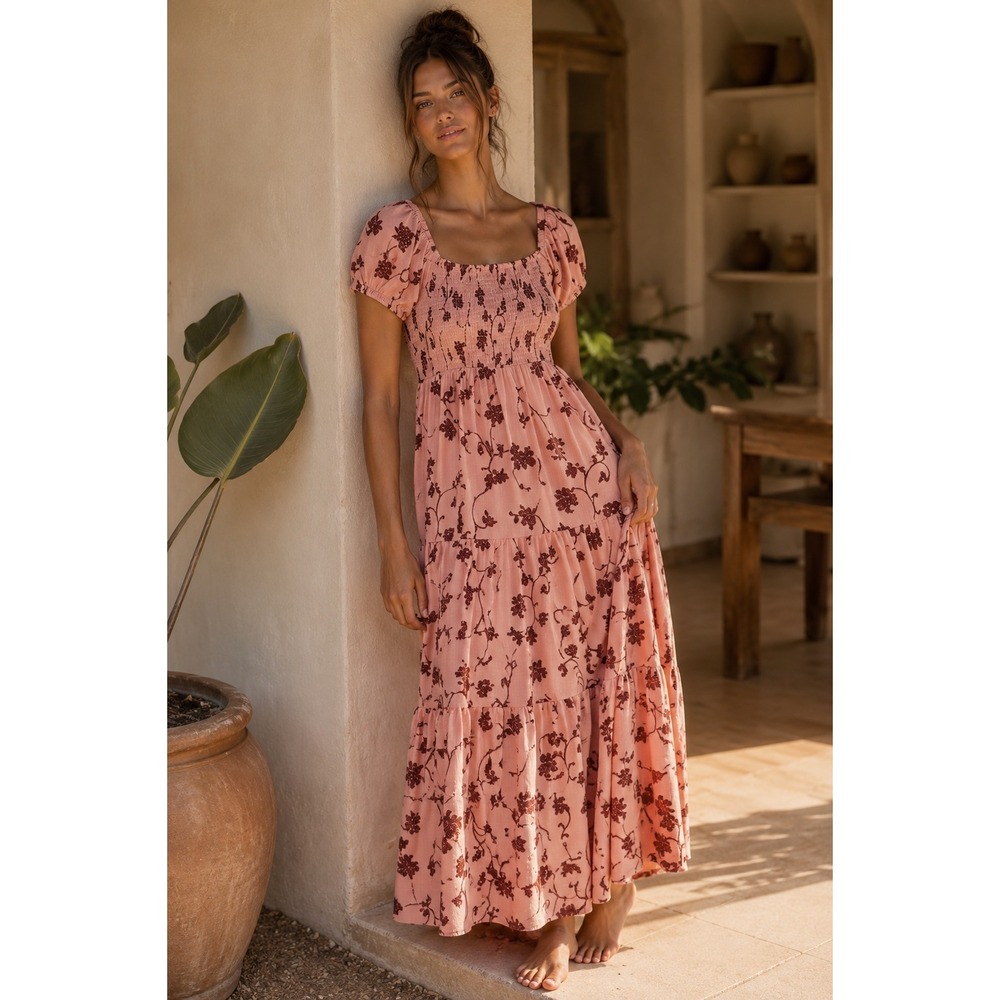 Daily Practice ANTHROPOLOGIE Floral‎ Smocked Tiered Midi Dress XS Puff Sleeve